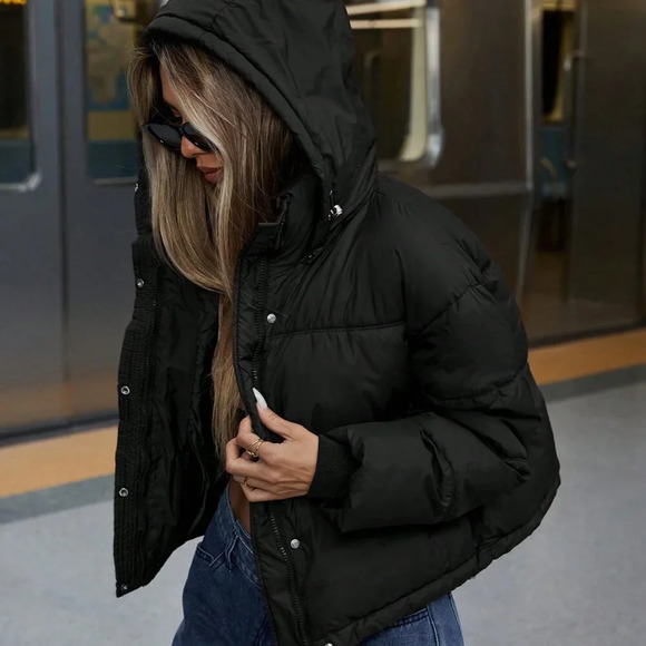 Black Casual Women's Thick Padded Hoodie - Picture 6 of 6